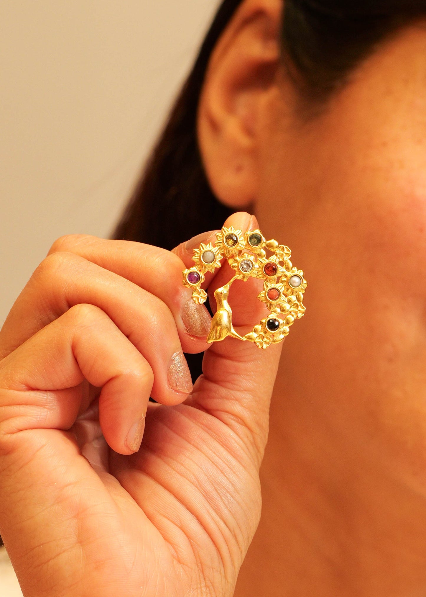 Navratna Bloom Bird Hoop Earring