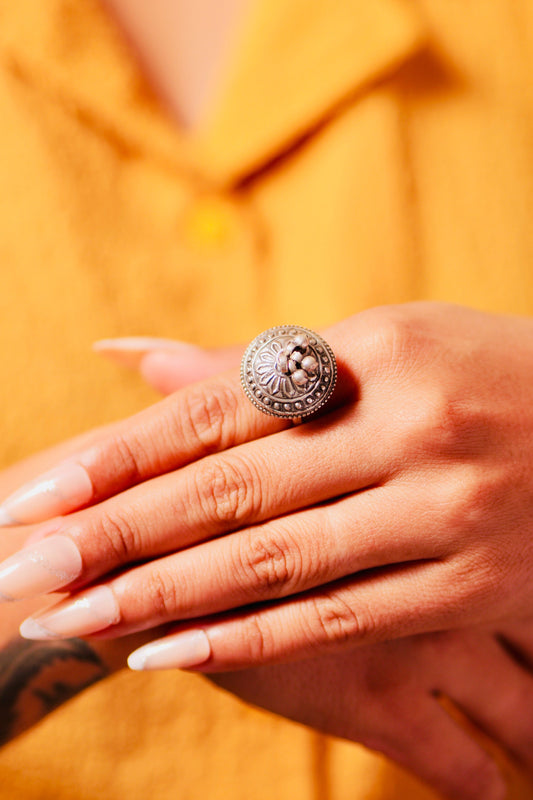 Woman wearing Bold Oxidized Silver Dome Ring with Ethnic Outfit