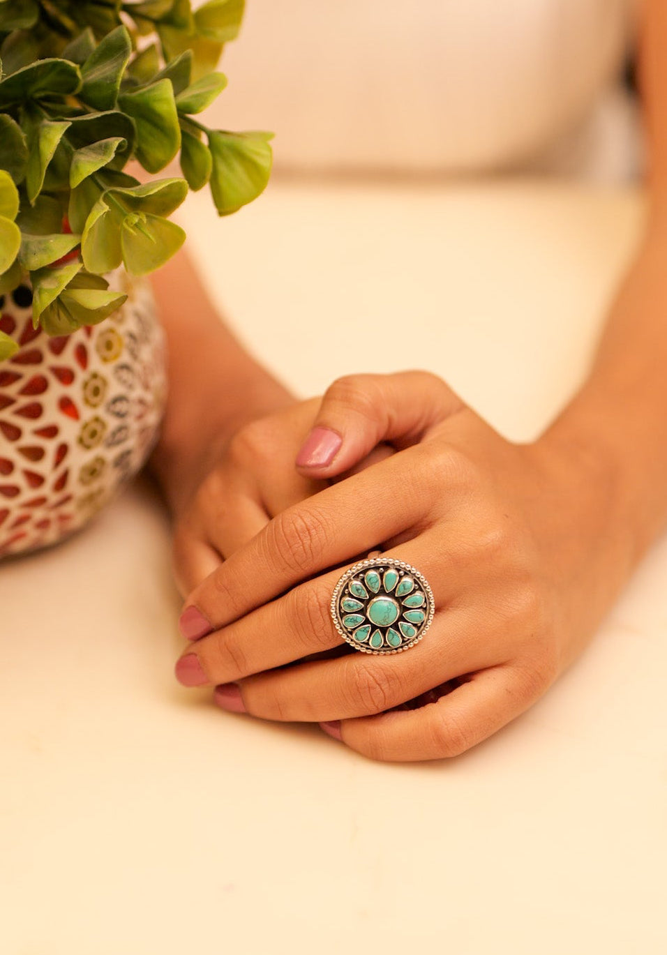Anokhi Intricate Floral Turquoise Ring