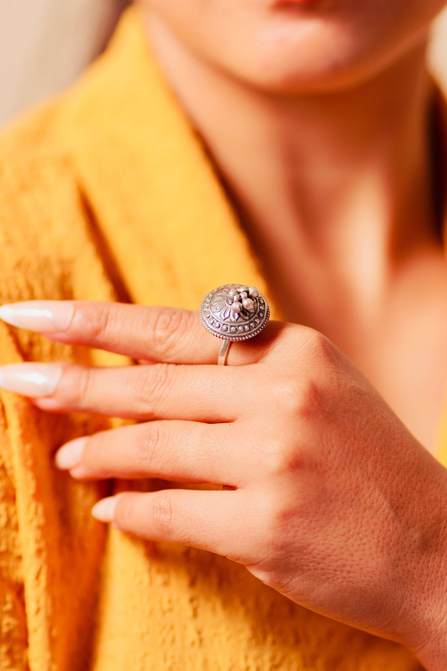 Anokhi Floral Ghungri Dome Ring - 92.5 Oxidized Silver Statement Ring