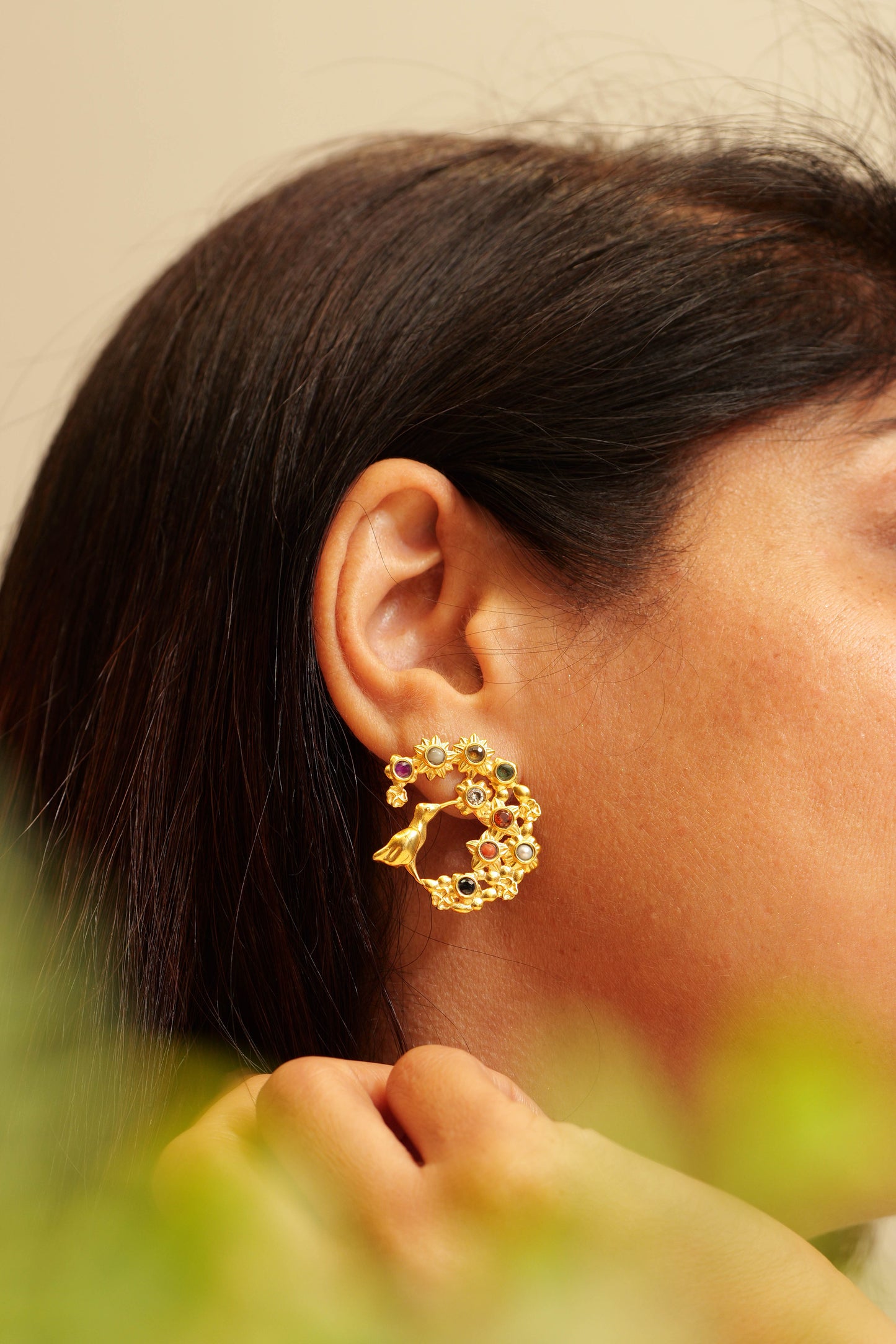 Navratna Bloom Bird Hoop Earring