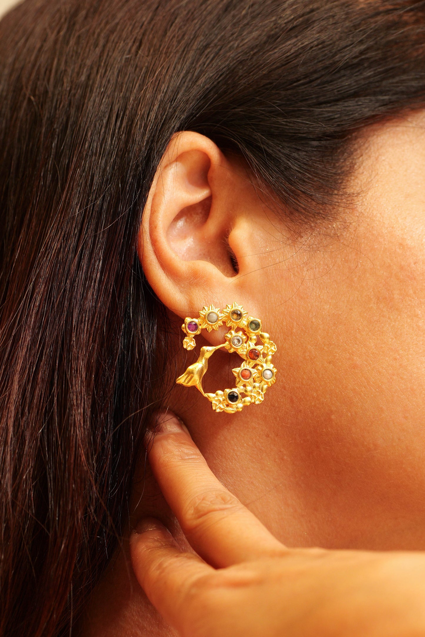 Navratna Bloom Bird Hoop Earring