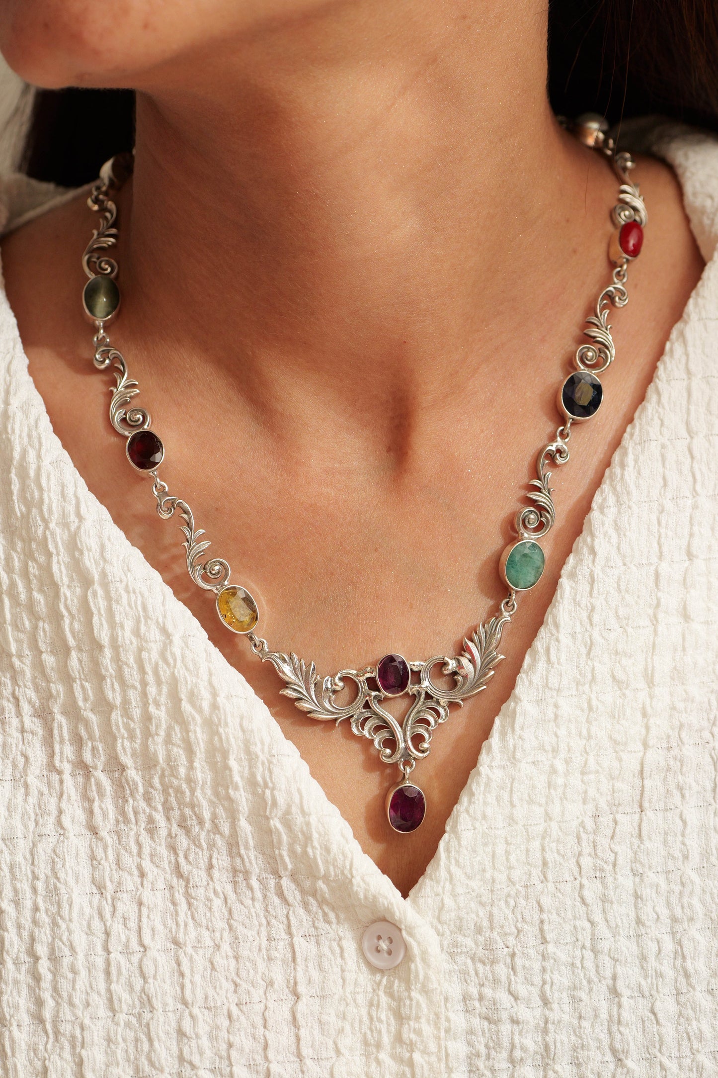 Peacock Bloom Navratna Necklace Set