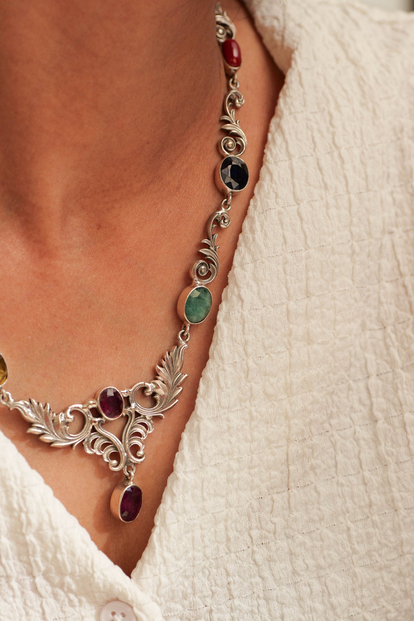 Peacock Bloom Navratna Necklace Set